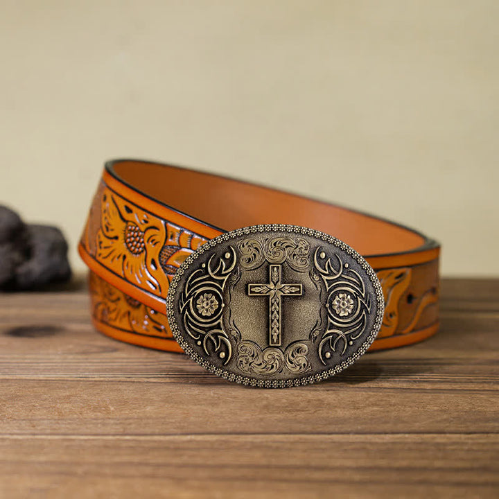 Men's DIY Faith Cross Floral Buckle Leather Belt