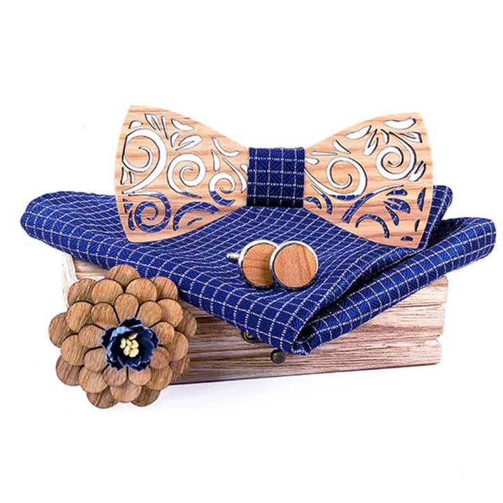 4Pcs Men's Hollow Leaf Design Wooden Bow Tie Set