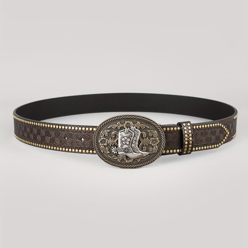 Men's Retro Silver Boots Oval Buckle Leather Belt