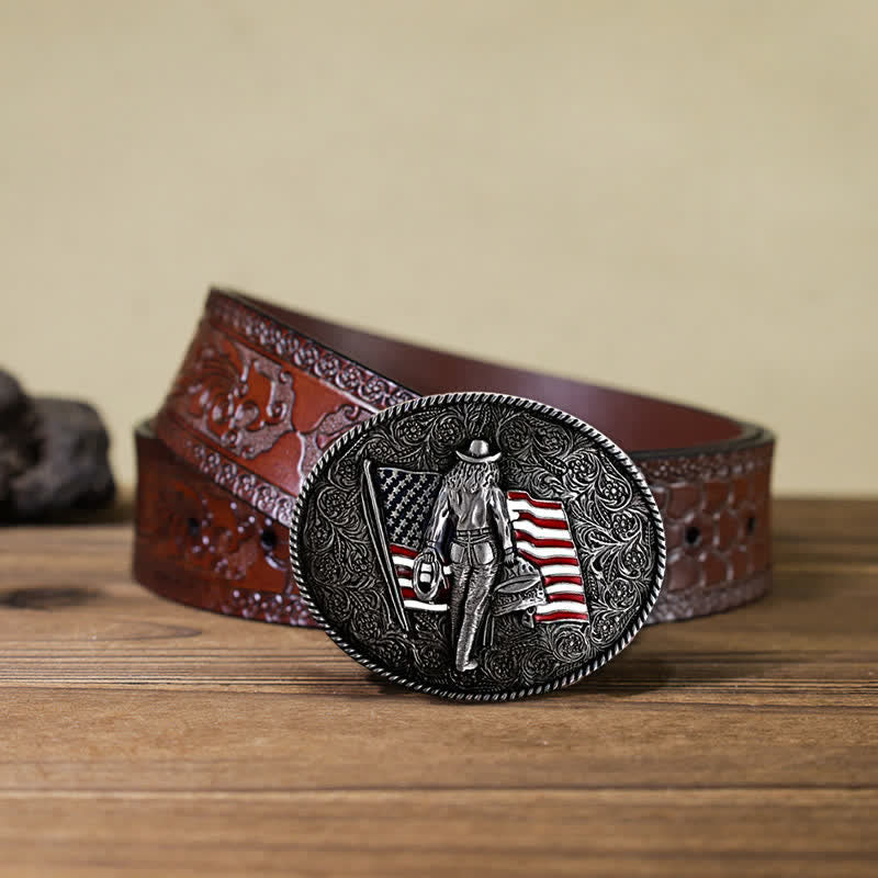 Men's DIY Cowboy American Flag Buckle Leather Belt