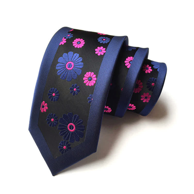 Men's Simple Daisy Floral Narrow Necktie - Navy & Pink - image 2