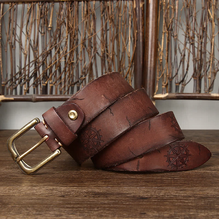 Men's Carving Crack Ship Anchor Leather Belt - Red Brown - 44 - image 11