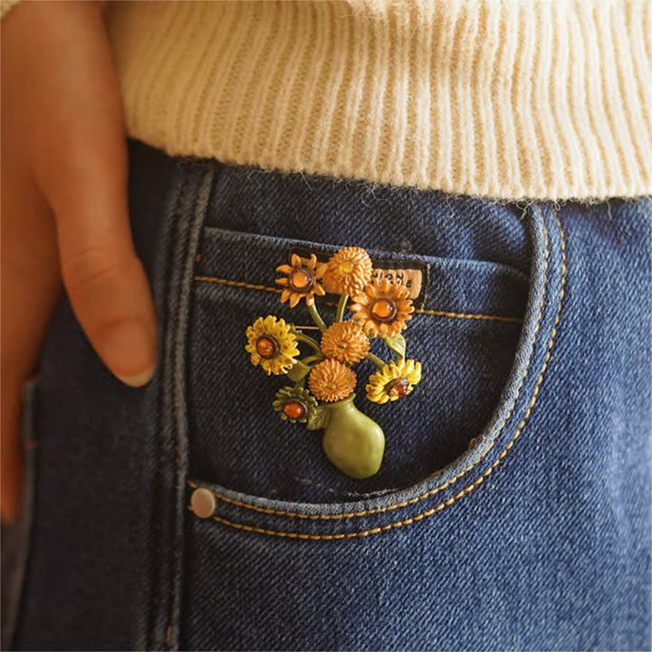 Women's Enamel Sunflower Vase Brooch