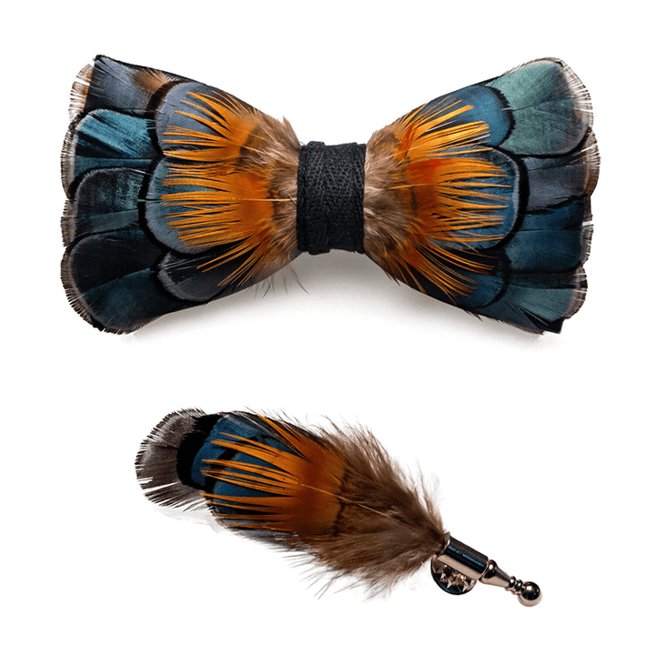 Green & Orange Sunflower Feather Bow Tie with Lapel Pin - image 3