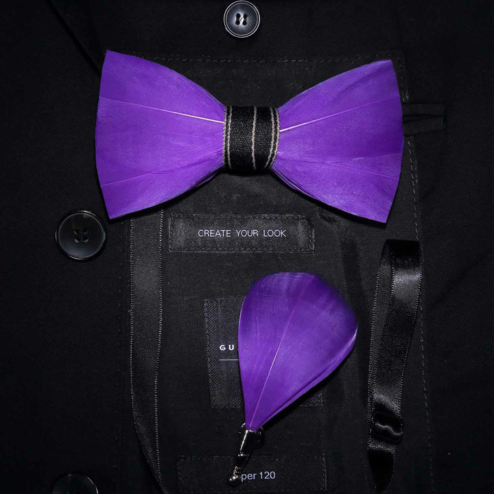 Solid Purple Noble Feather Bow Tie with Lapel Pin