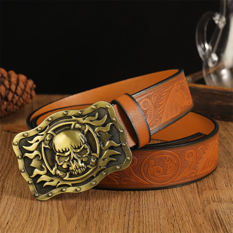 Men's Trendy Skull Head Flame Leather Belt