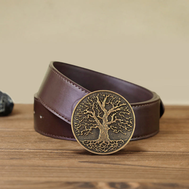 Men's DIY Tree of Life Round Buckle Leather Belt