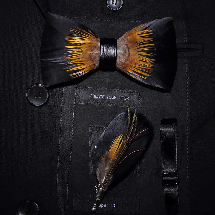 Orange & Black Sunflower Feather Bow Tie with Lapel Pin - Adult - image 0