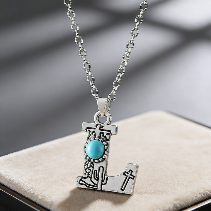 Vintage Initial Letter Turquoise Charm Necklace - L - image 20