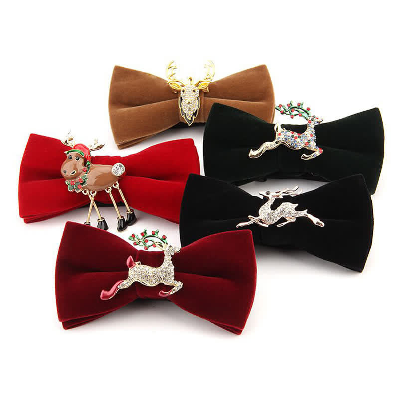 Men's Elk Head Rhinestone Christmas Velvet Bow Tie