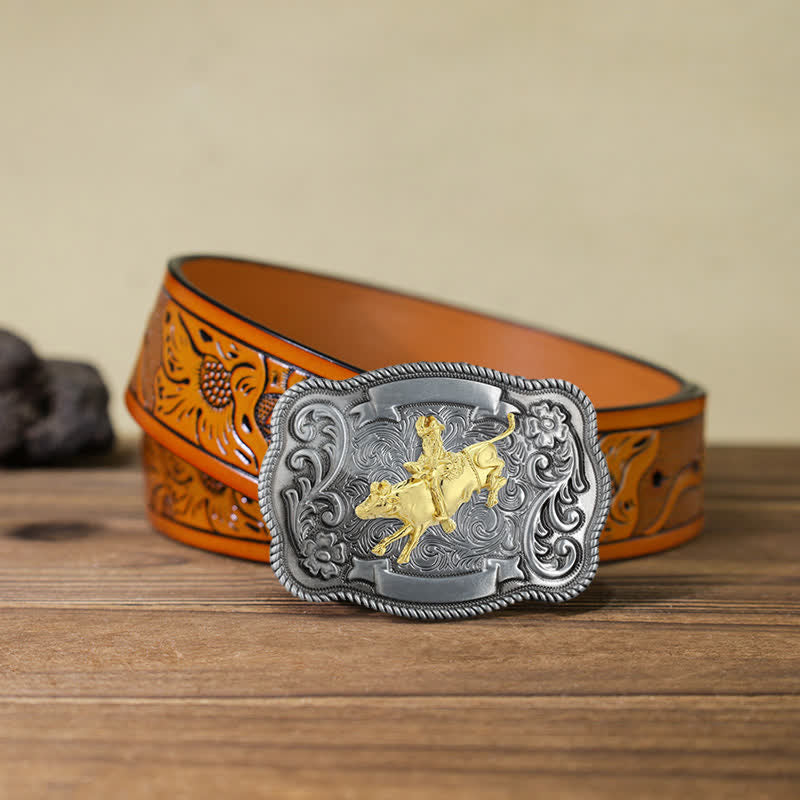 Men's DIY Gold Carving Animal Buckle Leather Belt - Rodeo - Orange Carved Belt (40) - image 27