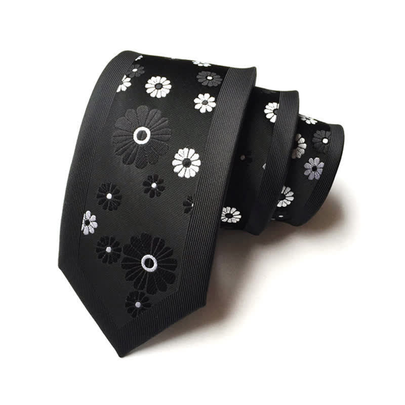 Men's Simple Daisy Floral Narrow Necktie - Black & White - image 4