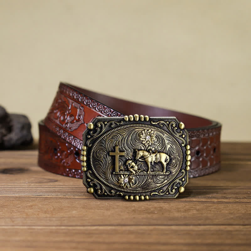 Men's DIY Horse Cross Kneeling Prayer Buckle Leather Belt