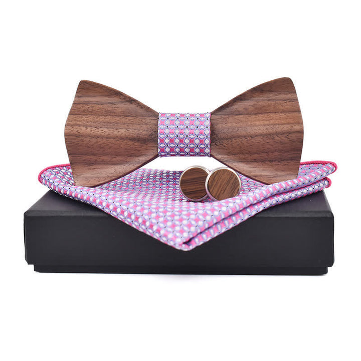 3Pcs Men's Black Walnut Wooden Bow Tie Set