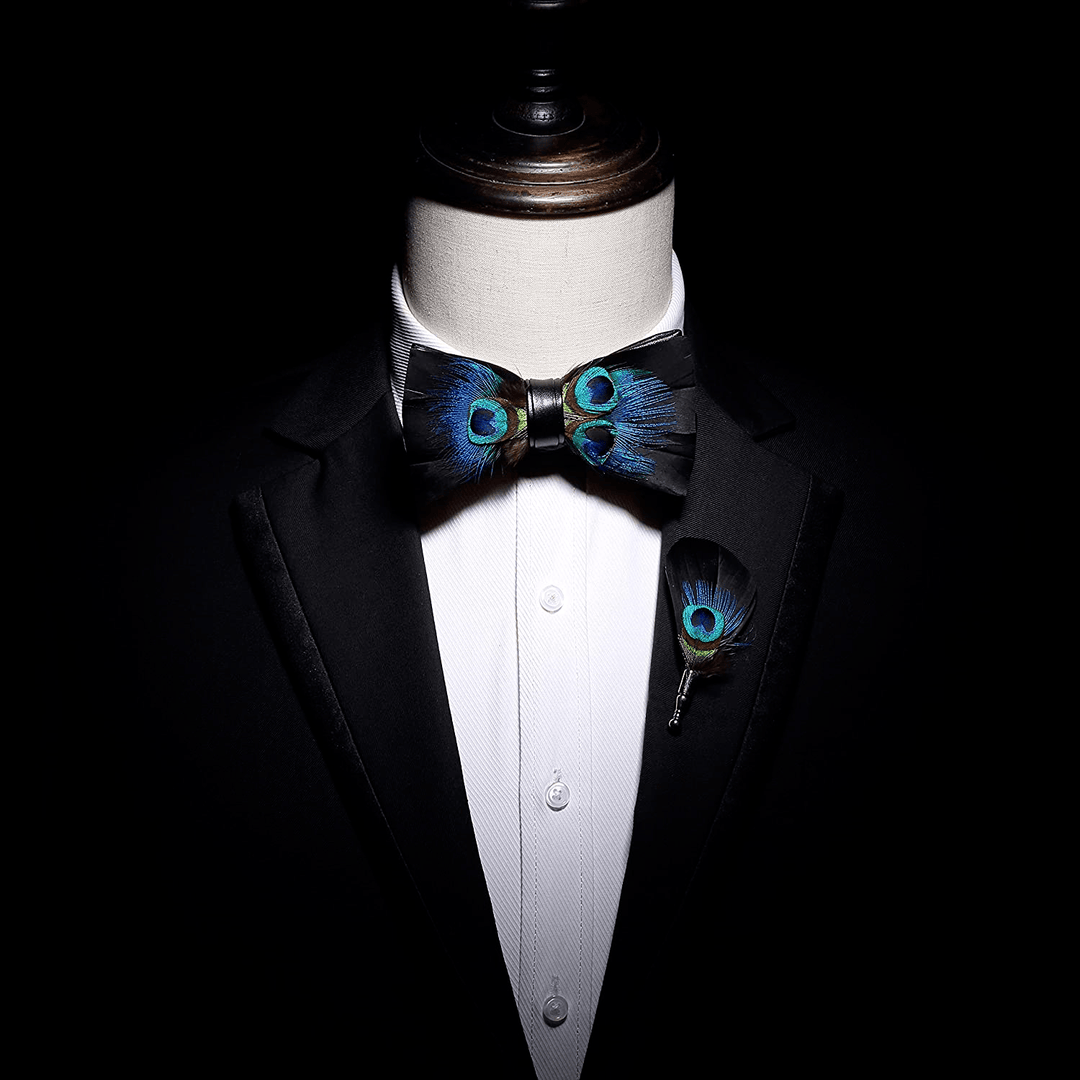 Black & Blue Peacock Eye Feather Bow Tie with Lapel Pin