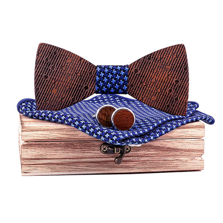 3Pcs Men's Hollow Leaves-shaped Wooden Bow Tie Set