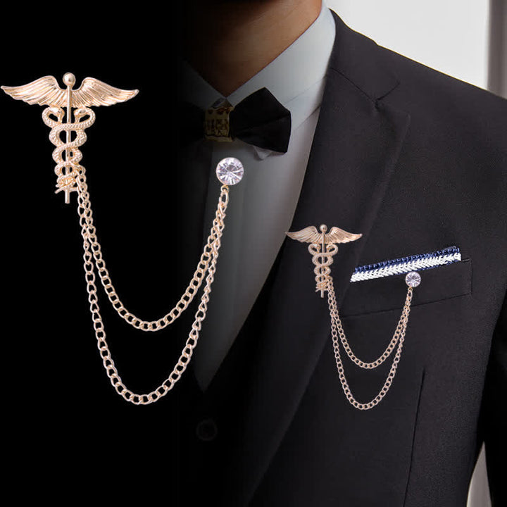 Men's Caduceus Double Snakes Chain Brooch