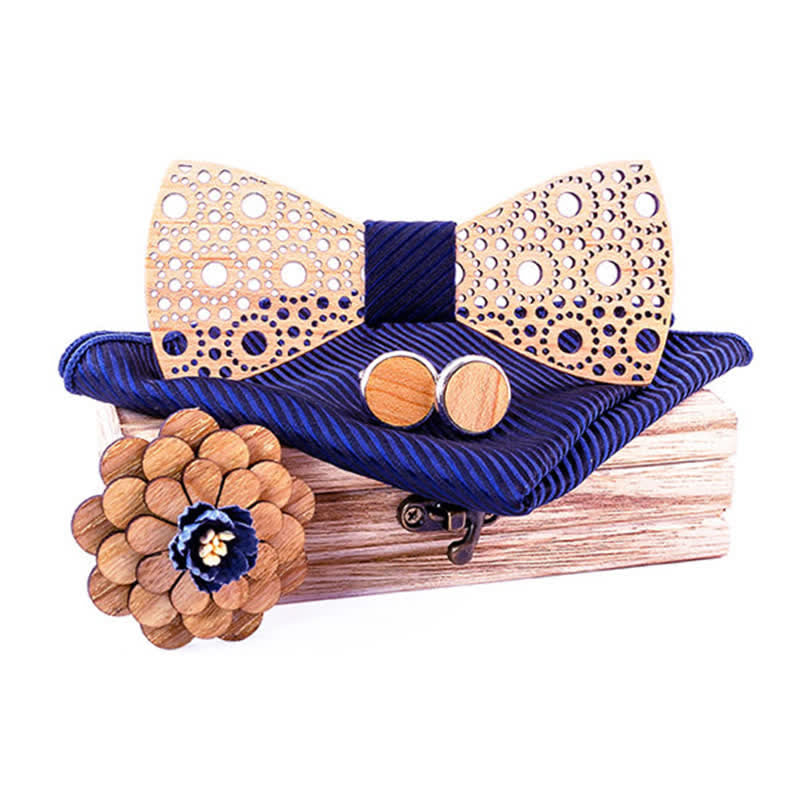 4Pcs Men's Round Hollow Wooden Bow Tie Set