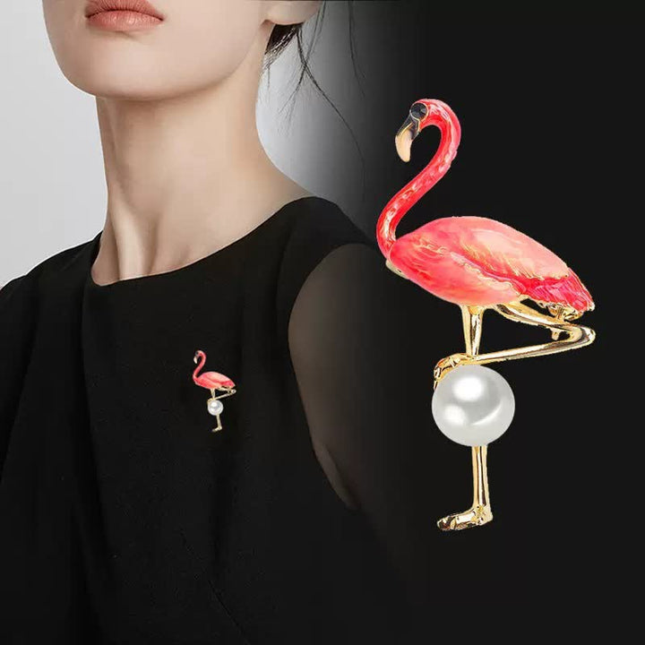 Women's Enameled Flamingo With Pearl Brooch