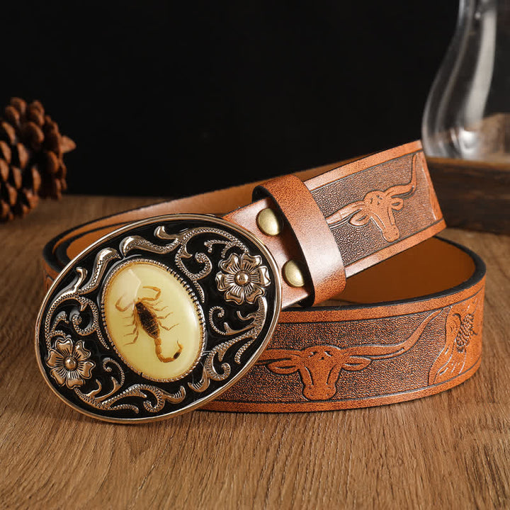 Men's Animal Scorpion Flower Buckle Leather Belt