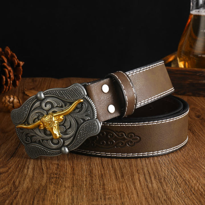 Men's Square Golden Longhorn Bull Leather Belt