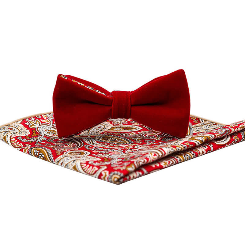 2Pcs Men's Cotton Paisley Velvet Bow Tie Set