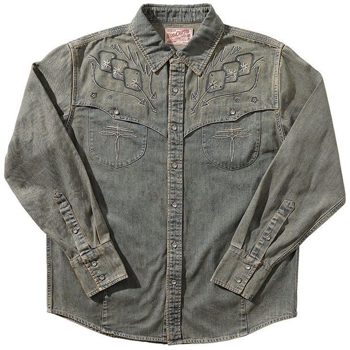 Gambler Embroidered Washed Denim Western Cowboy Shirt - Denim Blue - 3XL - image 1