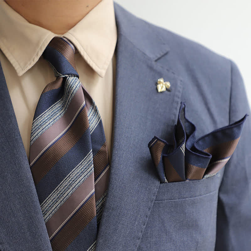 2Pcs Men's British Color Contrast Striped Necktie Set - Navy & Coffee - image 8
