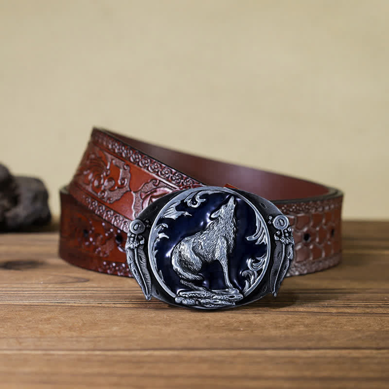 Men's DIY Enamel Domineering Howling Wolf Buckle Leather Belt