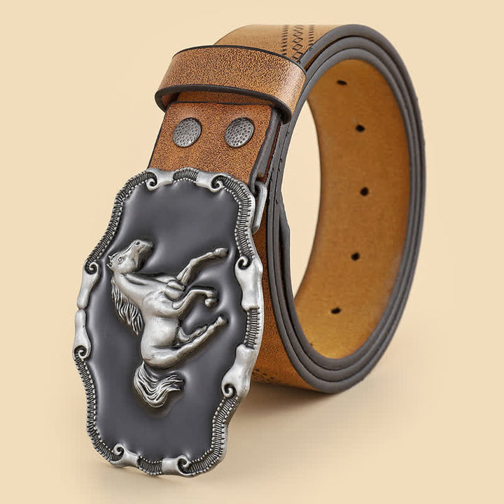 Men's Classical Silver Running Horse Buckle Leather Belt