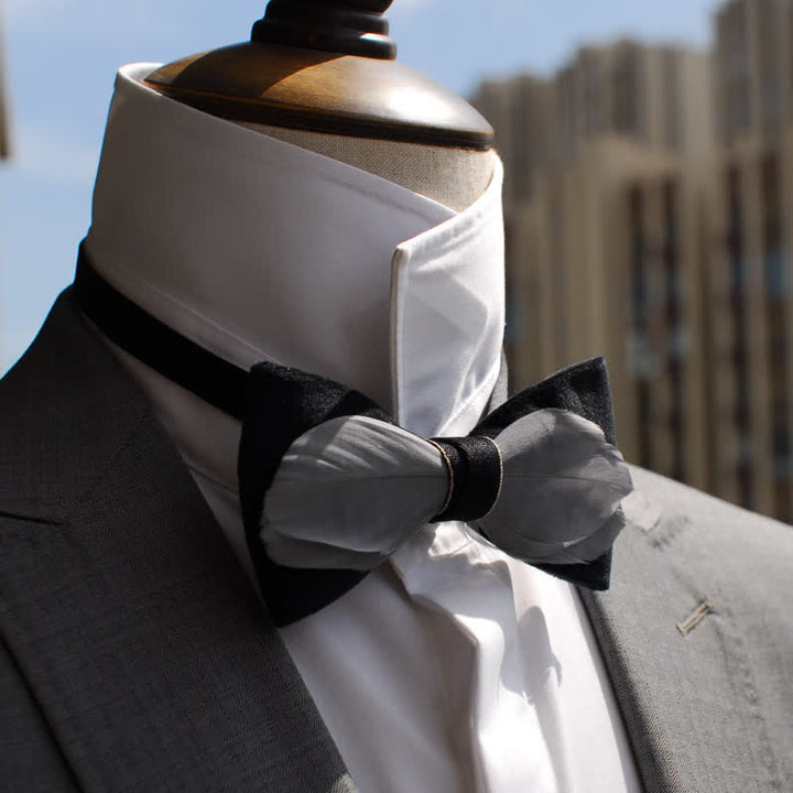 Gray & Black Velvet Feather Bow Tie