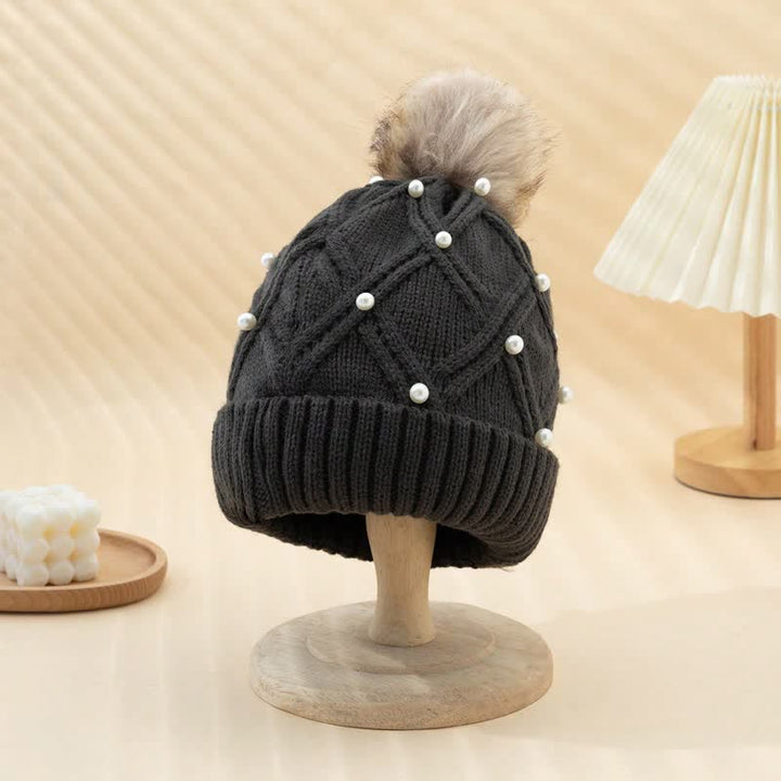 Women's Cute Pearls Deor Pompoms Stretchy Knitted Hat