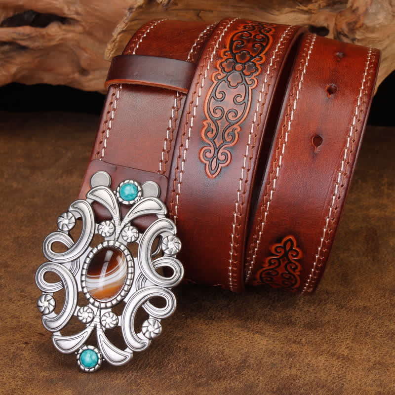 Unisex Agate Stone Turquoise Hollow Flower Leather Belt