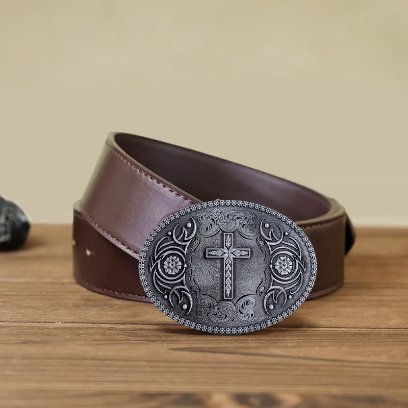 Men's DIY Faith Cross Floral Buckle Leather Belt