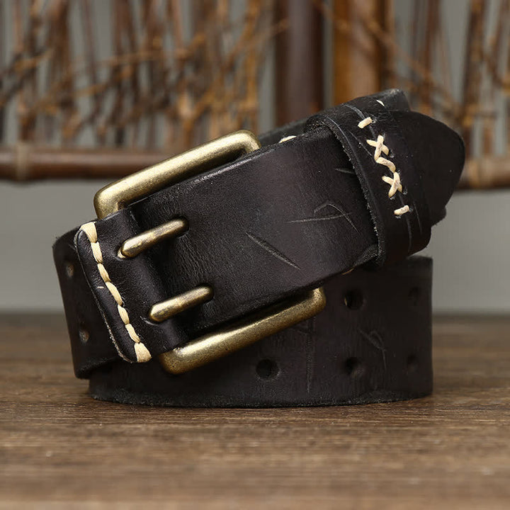 Men's Distressed Double Needle Buckle Leather Belt - Black - 44 - image 5