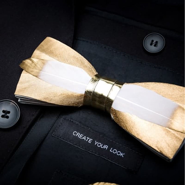 Gold & White Butterscotch Feather Bow Tie with Lapel Pin