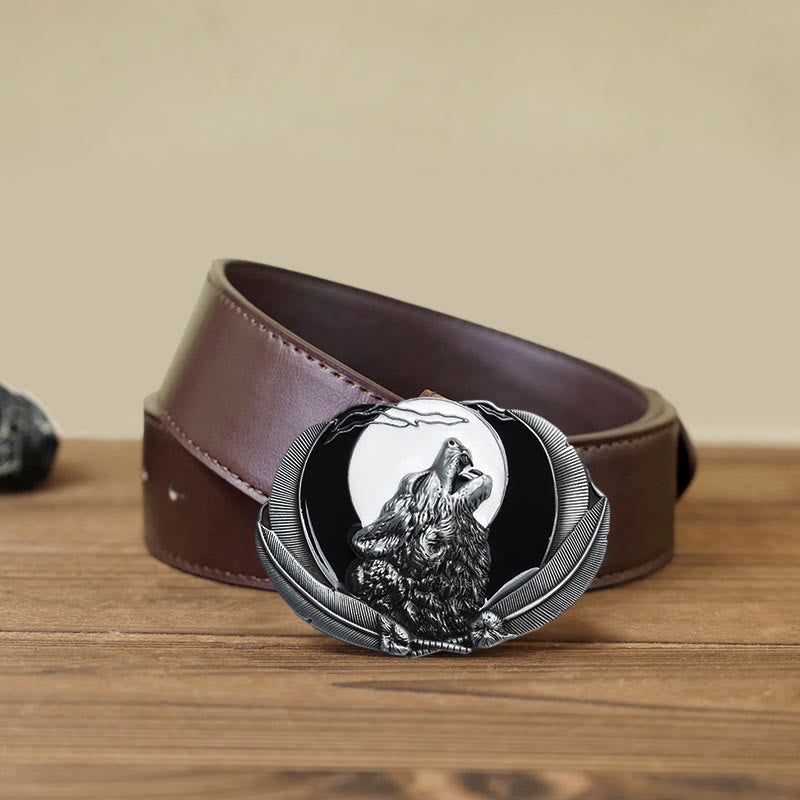 Men's DIY Howling Wolf Moon Oval Buckle Leather Belt