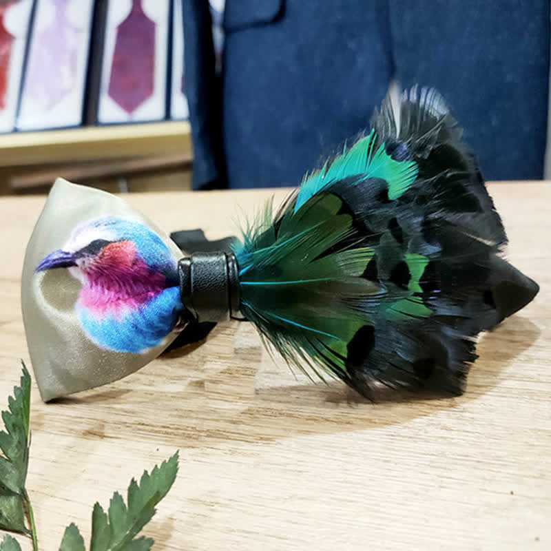 Dark Green Graphic Bird Tail Feather Bow Tie