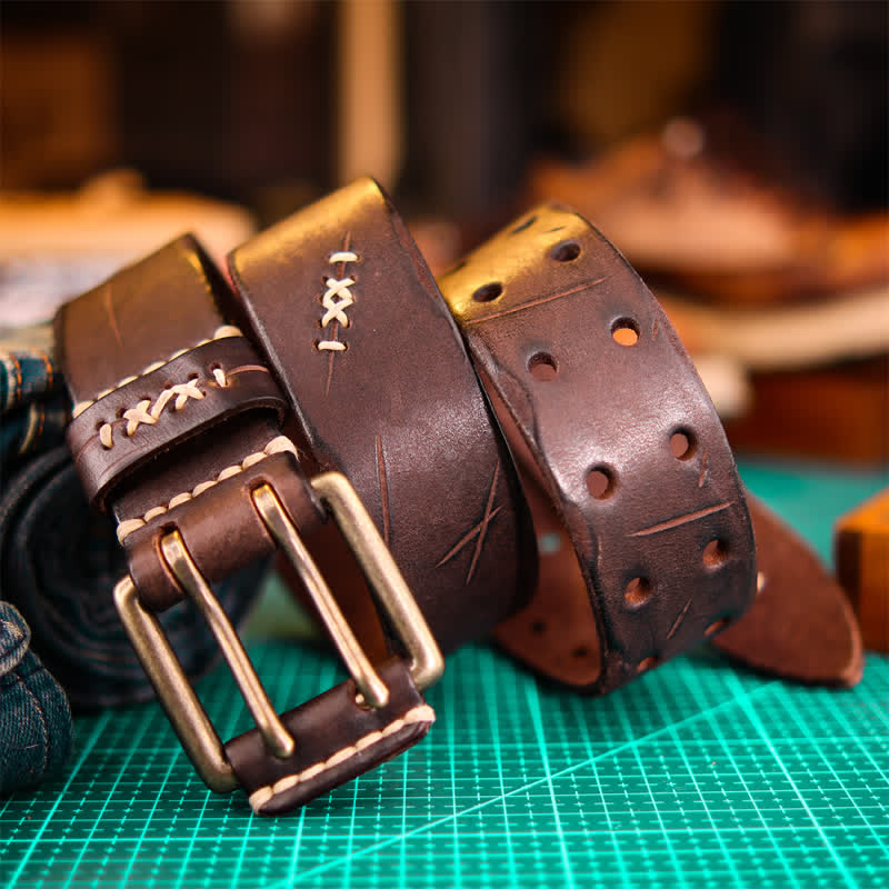 Men's Wide Double Pin Buckle Leather Belt - Coffee - 46 - image 11