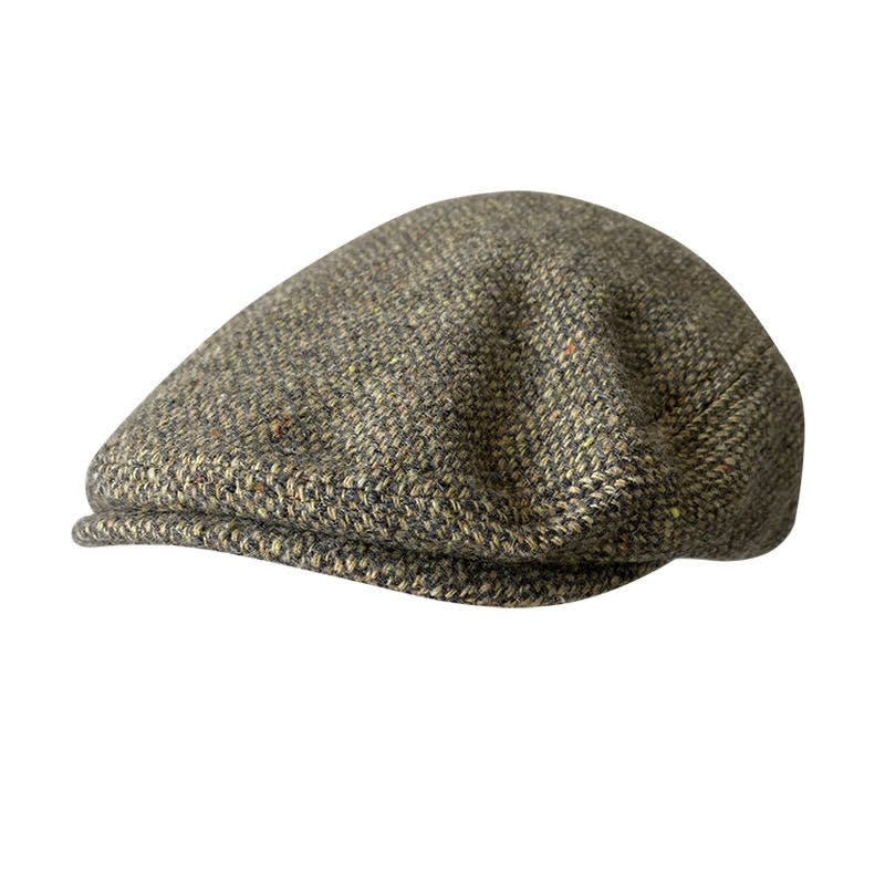 Tweed Herringbone Plaid Beret Flat Cap - Gray-Yellow - L (23 1/4"-23 5/8") - image 0