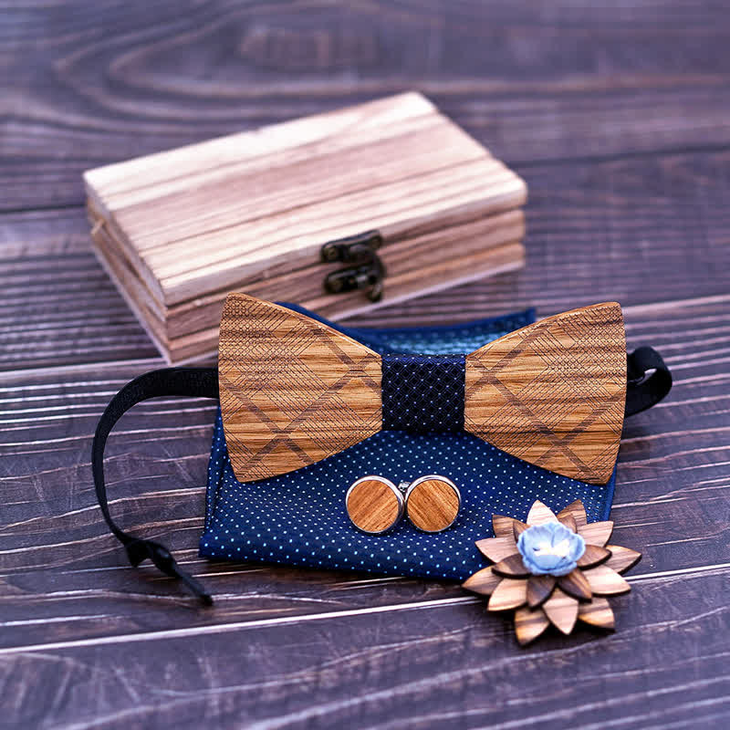 4Pcs Men's Classic Plaids Wooden Bow Tie Set