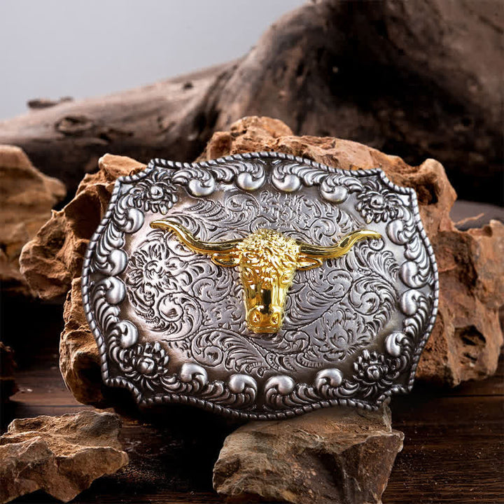 Men's DIY Longhorn Bull Antiqued Silver Buckle Leather Belt