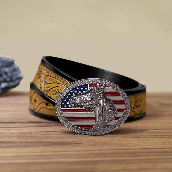 Men's DIY Horse Head American Flag Buckle Leather Belt