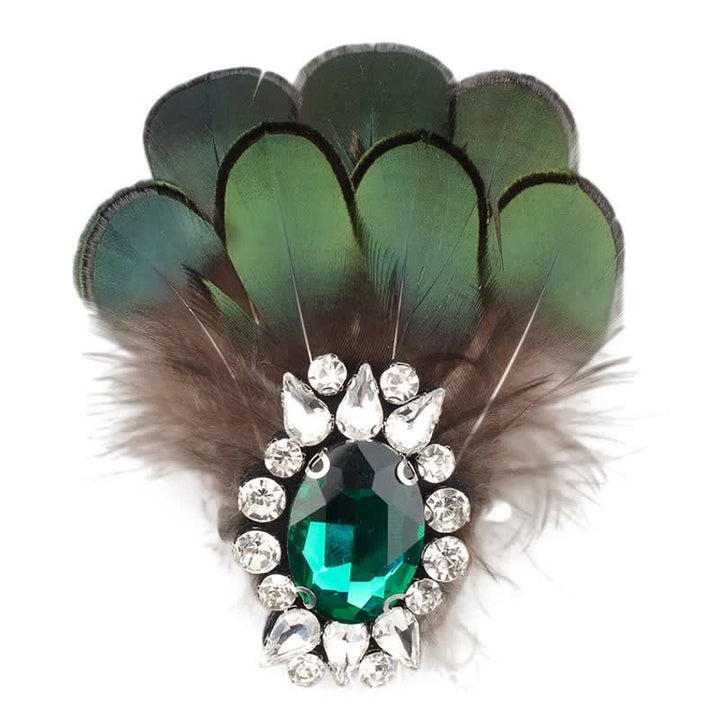 Women's Dark Green Crystal Feather Brooch