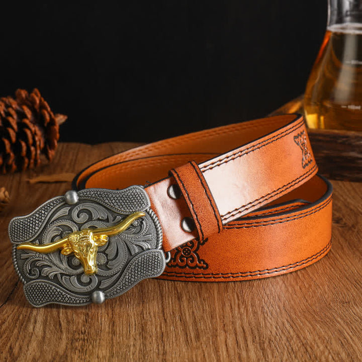 Men's Square Golden Longhorn Bull Leather Belt