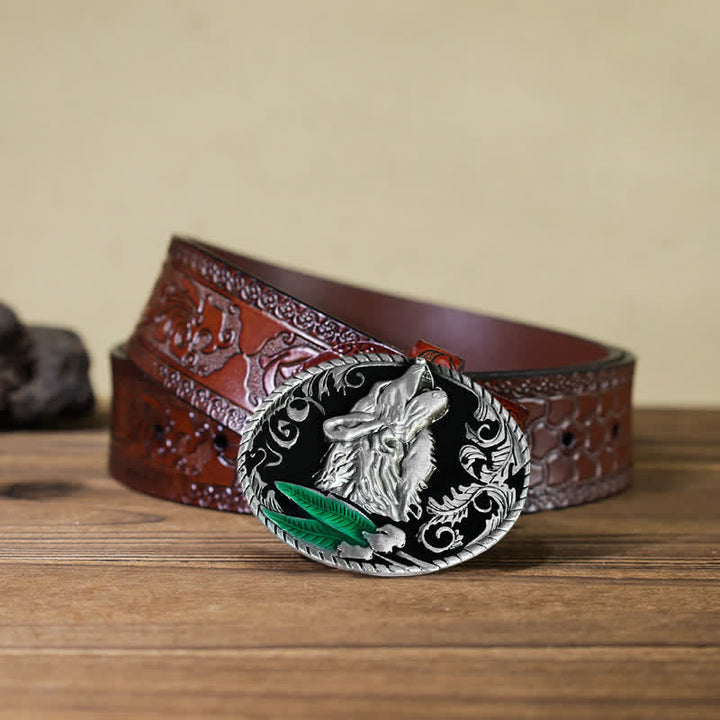 Men's DIY Howling Wolf Head Buckle Leather Belt