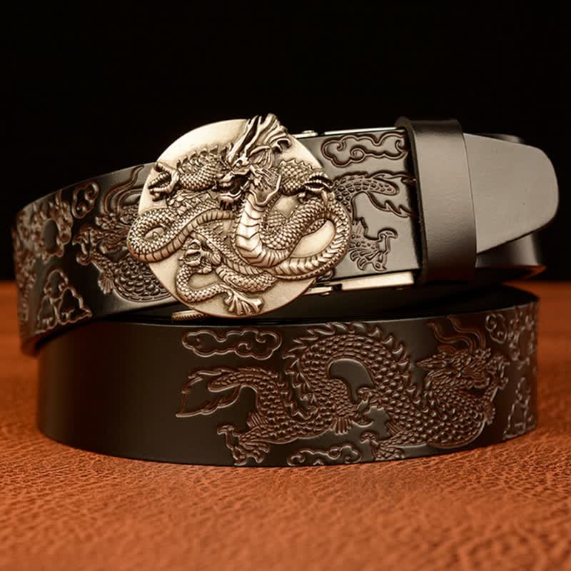 Men's Flame Dragon Round Automatic Buckle Leather Belt