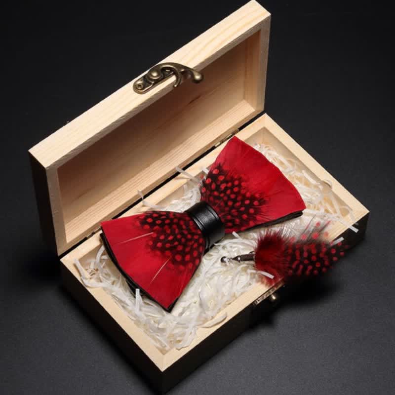 Kid's Red & Black Finch Feather Bow Tie with Lapel Pin