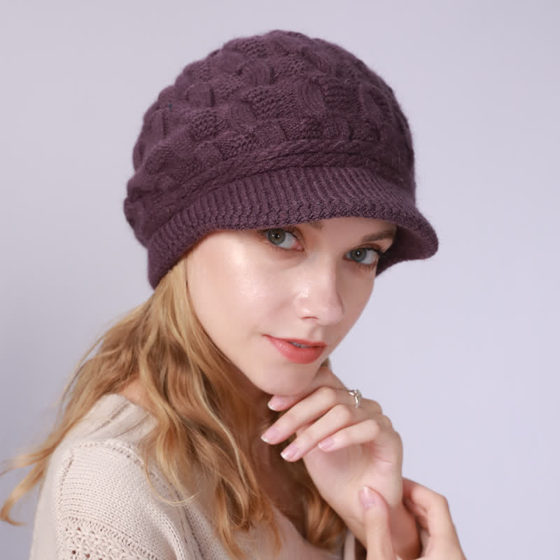 Women's Slouchy Fluffy Lining Visor Beanie Hat