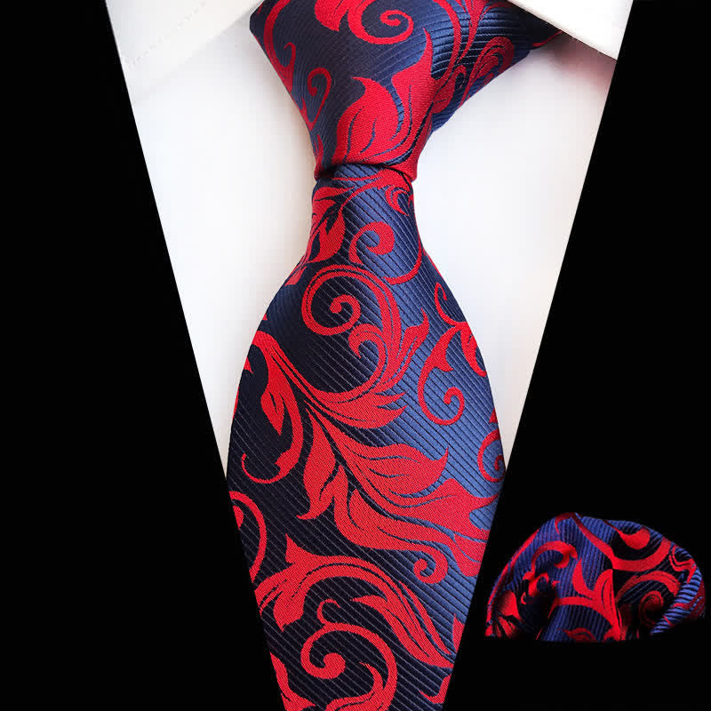 2Pcs Men's Plant Swirl Floral Necktie Set - Red & Navy - image 2